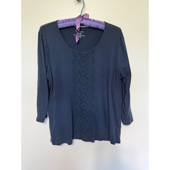 VanHuesen Knit Top Navy with Crochet Stripe in Front 3/4 Sleeves Womans Size XL - Picture 1 of 4